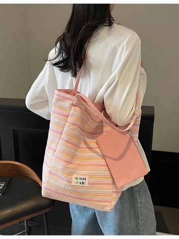 Dames Grote Capaciteit Gestreepte Canvas Tote Bag Met Kleine Bijpassende Pouch Vrijetijds Schoudertas Voor Studenten Vakantie