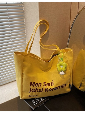Women Large Capacity Canvas Tote Bag Letter Embroidered Shoulder Bag With Flower Pendant Casual School Shopping Bag