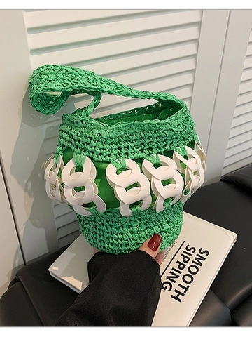 Handmade Woven Straw Bucket Bag For Women Fashion Summer Beach Vacation Handbag With Resin Ring Decoration Portable Casual Tote Bag