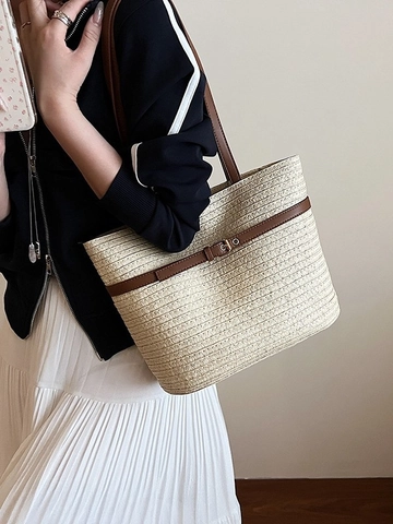 Women Large Capacity Straw Woven Tote Bag Casual Beach Vacation Shoulder Bag With Leather Strap And Metal Buckle
