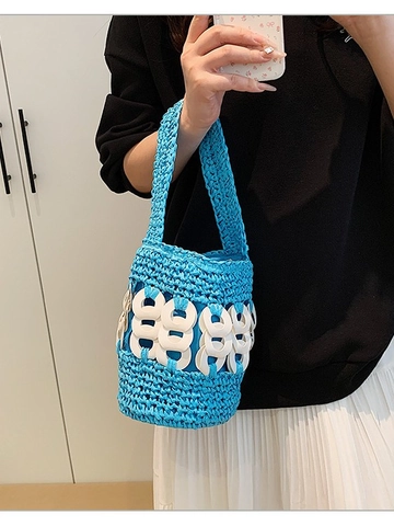 Handmade Woven Straw Bucket Bag For Women Fashion Summer Beach Vacation Handbag With Resin Ring Decoration Portable Casual Tote Bag
