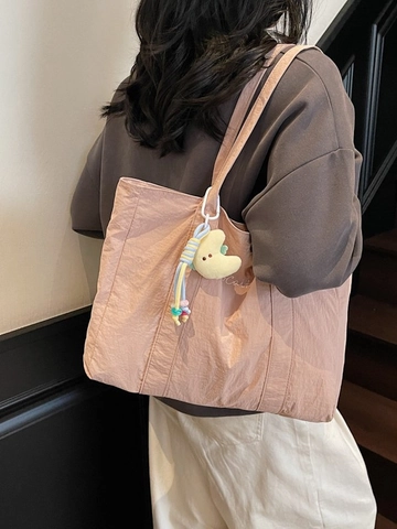 Women Large Capacity Canvas Tote Bag Minimalist Korean Style Letter Embroidery Shoulder Bag With Moon Plush Pendant For Commuting