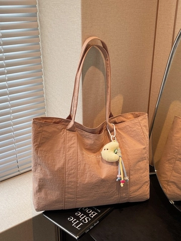 Women Large Capacity Canvas Tote Bag Minimalist Korean Style Letter Embroidery Shoulder Bag With Moon Plush Pendant For Commuting
