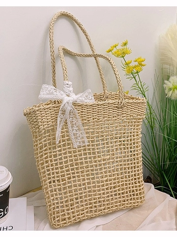 Large Capacity Woven Straw Tote Bag For Women Summer Beach Vacation Shoulder Bag With Lace Bow Handmade Hollow Out Handbag