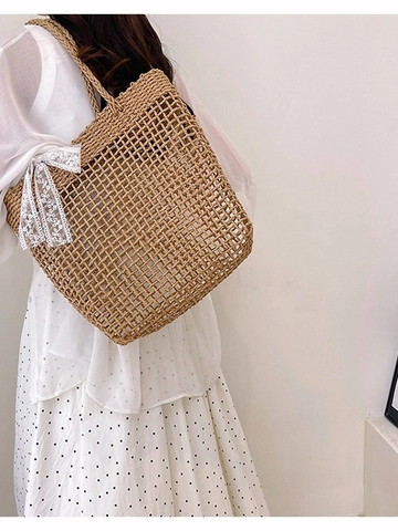 Large Capacity Woven Straw Tote Bag For Women Summer Beach Vacation Shoulder Bag With Lace Bow Handmade Hollow Out Handbag