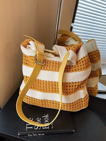 Bolso Tote de Punto a Rayas para Mujer Bloque de Color Hueco Tejido Bolso de Hombro Gran Capacidad Verano Playa Bolso Hobo