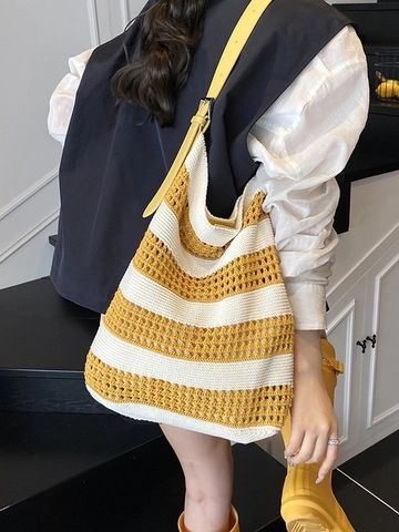 Bolso Tote de Punto a Rayas para Mujer Bloque de Color Hueco Tejido Bolso de Hombro Gran Capacidad Verano Playa Bolso Hobo