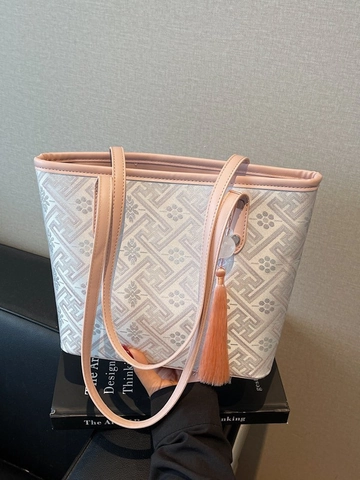 Damen Große Kapazität Geometrische Blumen Tragetasche Retro PU Leder Schultertasche Mit Quastenanhänger Pendler Handtasche