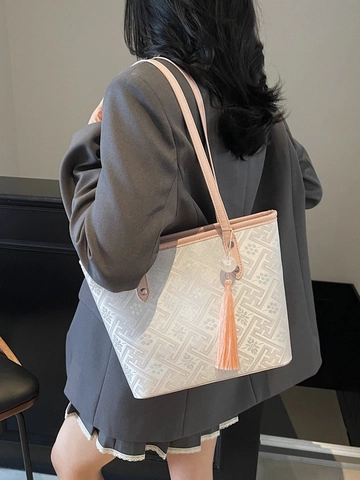 Damen Große Kapazität Geometrische Blumen Tragetasche Retro PU Leder Schultertasche Mit Quastenanhänger Pendler Handtasche