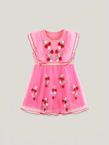 Vestito Rosa Senza Maniche per Bambina Con Ricamo a Fragola Gonna in Tulle Mesh Cotone Estivo Abito da Festa Principessa