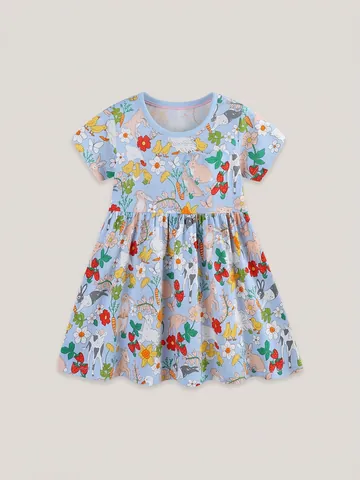 Vestito da Ragazza Casual in Cotone a Maniche Corte Con Stampa Floreale Animali Cartoni Animati Abito da Principessa Estate