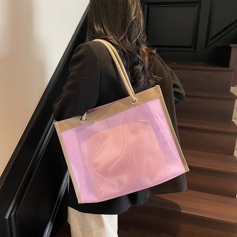 Women Large Capacity Transparent PVC Tote Bag Summer Jelly Shoulder Bag With Inner Pouch Casual Daily Shopping Bag
