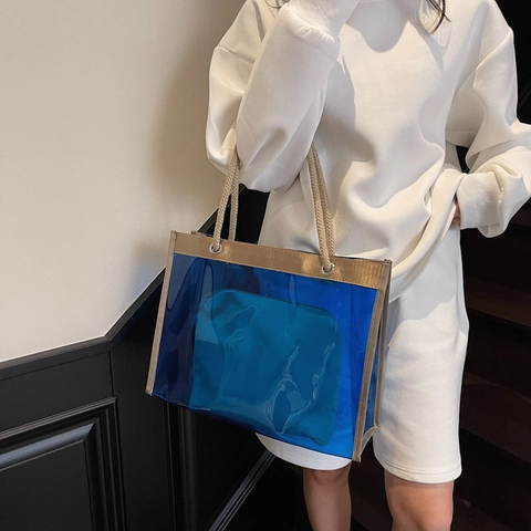 Sac Fourre-tout Femme Grande Capacité en PVC Transparent Sac à Bandoulière Jelly D'été Avec Pochette Intérieure