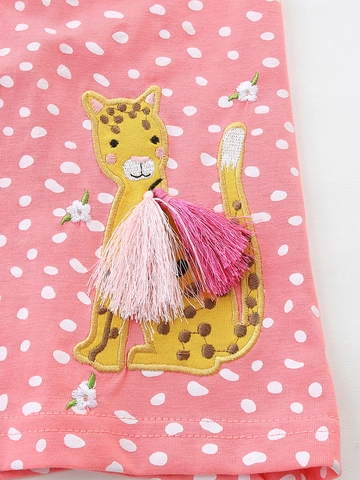 Girls Summer Cotton Pink Polka Dot Dress With Flower And Leopard Embroidery Ruffle Sleeve Tassel Kids Casual Party Dress