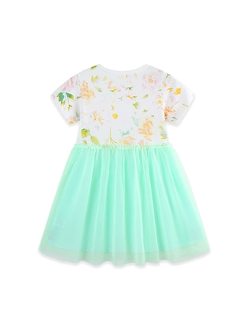 Girls Summer Short Sleeve Floral Print Dress Spliced Mesh Tulle Princess Skirt Cotton Sweet Party Clothing For Children
