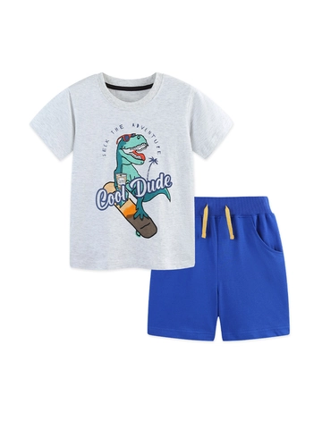 Παιδικό Casual Βαμβακερό T-Shirt και Σορτς Σετ με Κινούμενα Σχέδια Δεινόσαυρος Κοντομάνικο Τοπ και Παντελόνι
