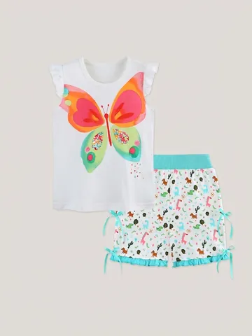 Ensemble d'Été pour Filles en Coton T-Shirt à Manches Volantées Imprimé Papillon et Short à Motif Animal de Dessin Animé