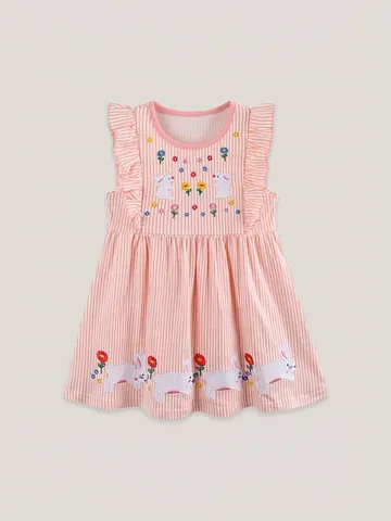Robe de Princesse sans Manches pour Filles Style Européen Broderie Lapin Coton Rayé Rose Robe d'Été à Volants