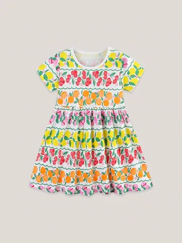 Girls Summer Fruit Print Cotton Dress Toddler Kids Princess Short Sleeve Fruit Pattern Casual Sundress