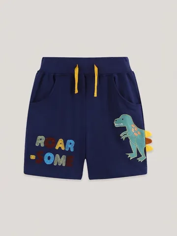 Pantaloncini Casual da Bambino in Morbido Cotone con Ricamo a Dinosauro Vita Elastica Coulisse Estiva Moda Bambini Blu Marino