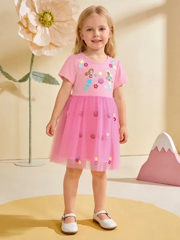 Little Girls Cotton Mesh Dress Embroidered Mermaid Tulle Princess Dress Pink Short Sleeve Patchwork Birthday Party Apparel