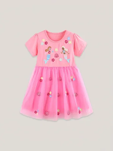 Little Girls Cotton Mesh Dress Embroidered Mermaid Tulle Princess Dress Pink Short Sleeve Patchwork Birthday Party Apparel