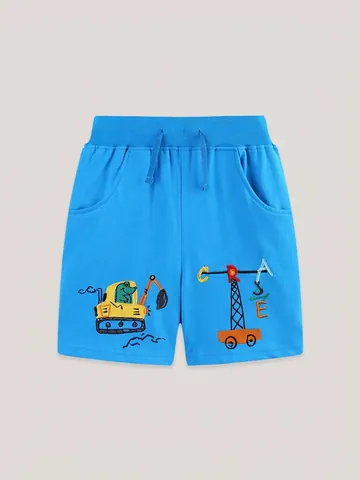 Boys Cotton Knit Shorts Cartoon Excavator Crane Embroidery Summer Elastic Waist Casual Sports Pants Toddler Kids Bottoms