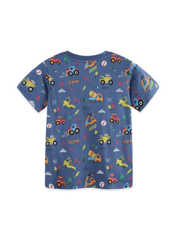 Boys 100% Cotton Short Sleeve T-Shirt Engineering Vehicle Excavator Print Round Neck Summer Casual Top For Kids