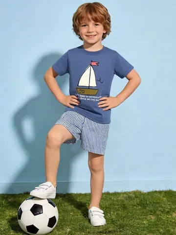 Tenue Décontractée d'Été pour Garçons T-Shirt en Coton à Manches Courtes et Short Rayé Imprimé Bateau de Voile