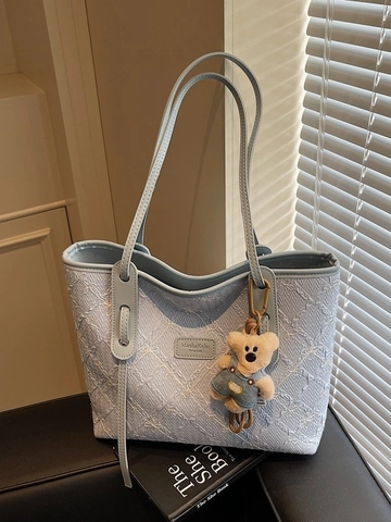 Dames PU Leer Bloem Borduurwerk Tote Tas Grote Capaciteit Schoudertas Met Beer Pluche Hanger Casual Trendy Winkeltas