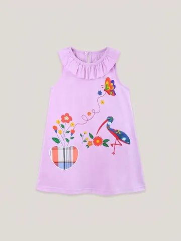 Girls Cotton Sleeveless Dress Ruffle Collar Cartoon Bird Butterfly Print Summer Casual A-Line Princess Dress Lavender
