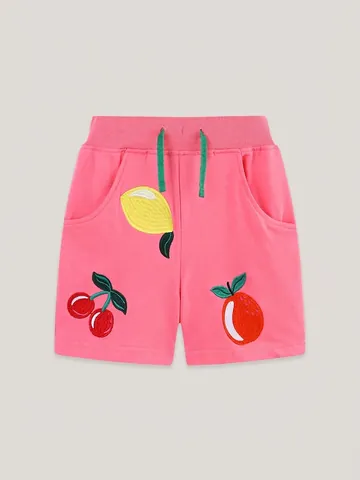 Mädchen Baumwolle Frucht Bestickt Lässig Shorts Sommer Elastische Taille Kordelzug Sportlich Rosa Shorts Für Kinder