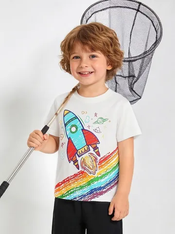 Jongens Ruimte Raket Print Katoenen T-Shirt Kinderen Casual Korte Mouw Ronde Hals Wit Top Regenboog Ster Planeet Kinderkleding