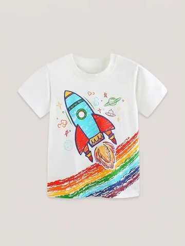 Jongens Ruimte Raket Print Katoenen T-Shirt Kinderen Casual Korte Mouw Ronde Hals Wit Top Regenboog Ster Planeet Kinderkleding