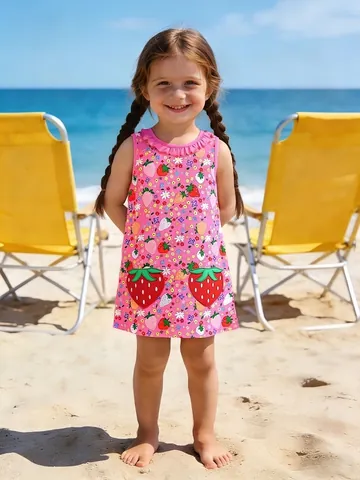 Abito da Principessa Senza Maniche con Stampa Fragola Estiva per Bambine Abito in Cotone con Volant Rosa