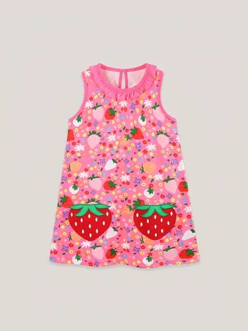 Abito da Principessa Senza Maniche con Stampa Fragola Estiva per Bambine Abito in Cotone con Volant Rosa