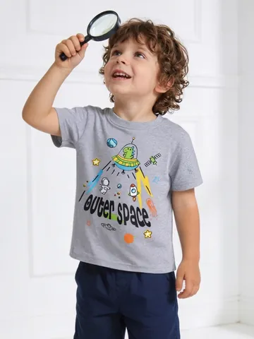 Jungen Baumwolle Kurzarm T-Shirt Cartoon Weltraum Dinosaurier Druck Rundhals Pullover Sommer Lässiges Oberteil Für Kinder