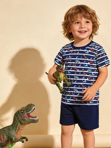 Conjunto de Verano para Niños de Algodón con Estampado de Vehículos de Construcción Camiseta de Manga Corta de Rayas y Pantalones Cortos