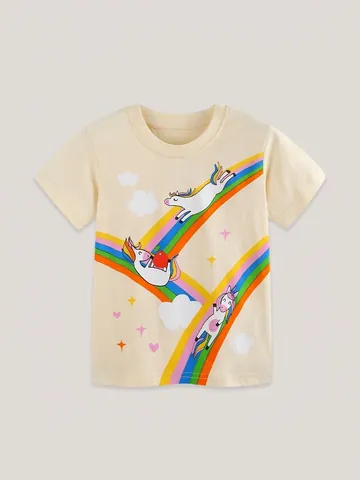 Maglietta da Bambina Casual in 100% Cotone a Maniche Corte Con Stampa Unicorno Arcobaleno Girocollo Top Estivo