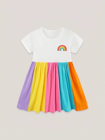 Sommer Mädchen Regenbogen Druck Patchwork Kleid Kurzarm Baumwolle Plissee Prinzessin Kleid Für Kleinkinder Kinder Freizeitkleidung