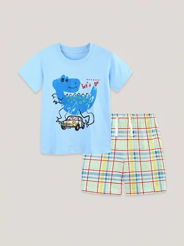Ensemble Deux Pièces en Coton pour Garçons avec T-shirt à Manches Courtes Imprimé Dinosaure et Short à Carreaux Style Occidental