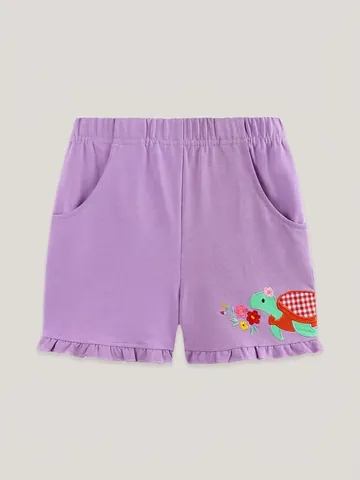 Pantaloncini Casual in Cotone per Bambine Con Ricamo Tartaruga Cartone Animato Vita Elastica Orlo a Volant Estivi