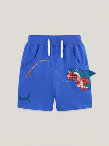 Boys European Style Shark Embroidered Cotton Shorts Summer Kids Casual Breathable Sports Shorts Royal Blue With Drawstring