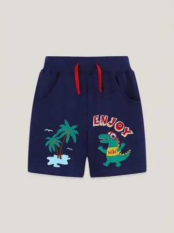 Pantaloncini Casual in Cotone da Ragazzo Ricamo Dinosauro Cartone Animato Pantaloni da Spiaggia Estivi Bambino Maglia con Coulisse Rossa