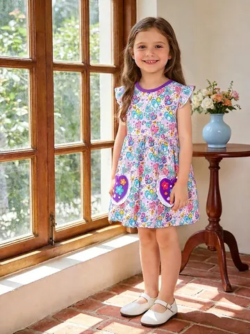 Vestito Estivo da Bambina Maniche a Farfalla Dolce Cartone Animato Cuore Stampa Floreale Abito da Principessa Tasche a Cuore
