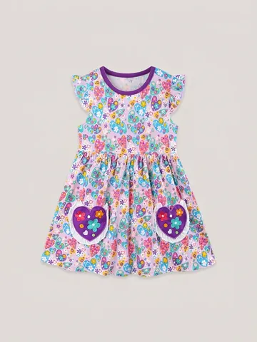 Vestito Estivo da Bambina Maniche a Farfalla Dolce Cartone Animato Cuore Stampa Floreale Abito da Principessa Tasche a Cuore