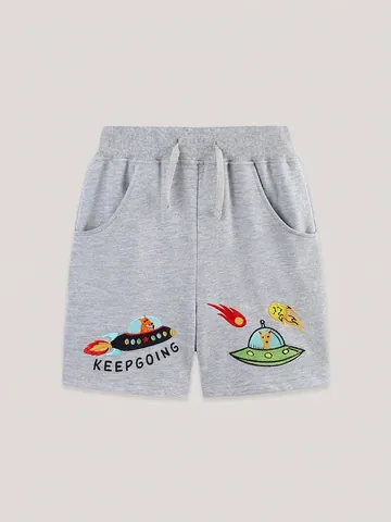 Jungen Baumwolle Shorts Sommer Lässig Grau Kleinkind Shorts Weltraum Rakete UFO Bestickt Keep Going Bequem Shorts
