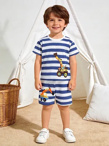 Boys Summer Striped Short Sleeve Top And Shorts Two Piece Outfit Cartoon Excavator Printed Cotton Clothes For Kids