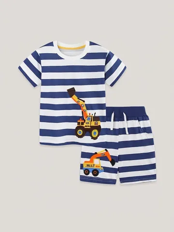 Boys Summer Striped Short Sleeve Top And Shorts Two Piece Outfit Cartoon Excavator Printed Cotton Clothes For Kids