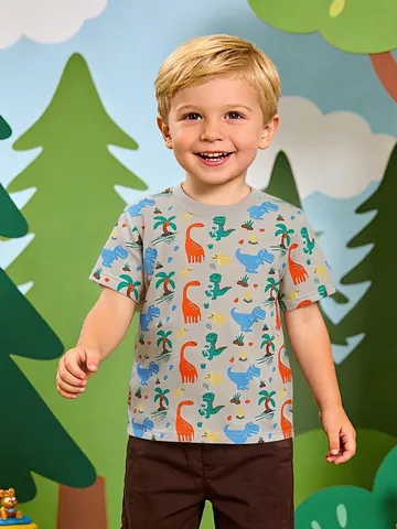 Boys Casual Short Sleeve T-Shirt Cartoon Dinosaur Print Cotton Knit Crew Neck Summer Top For Small Medium Kids